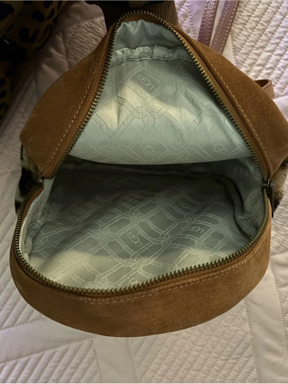 UGG Chestnut Suede Mini Backpack with Leopard Faux Fur Pocket